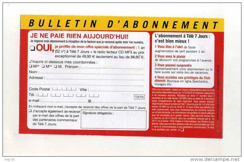 - CARTE TELE/7/JOURS ECOPLI T NON UTILISEE - Karten/Antwortumschläge T