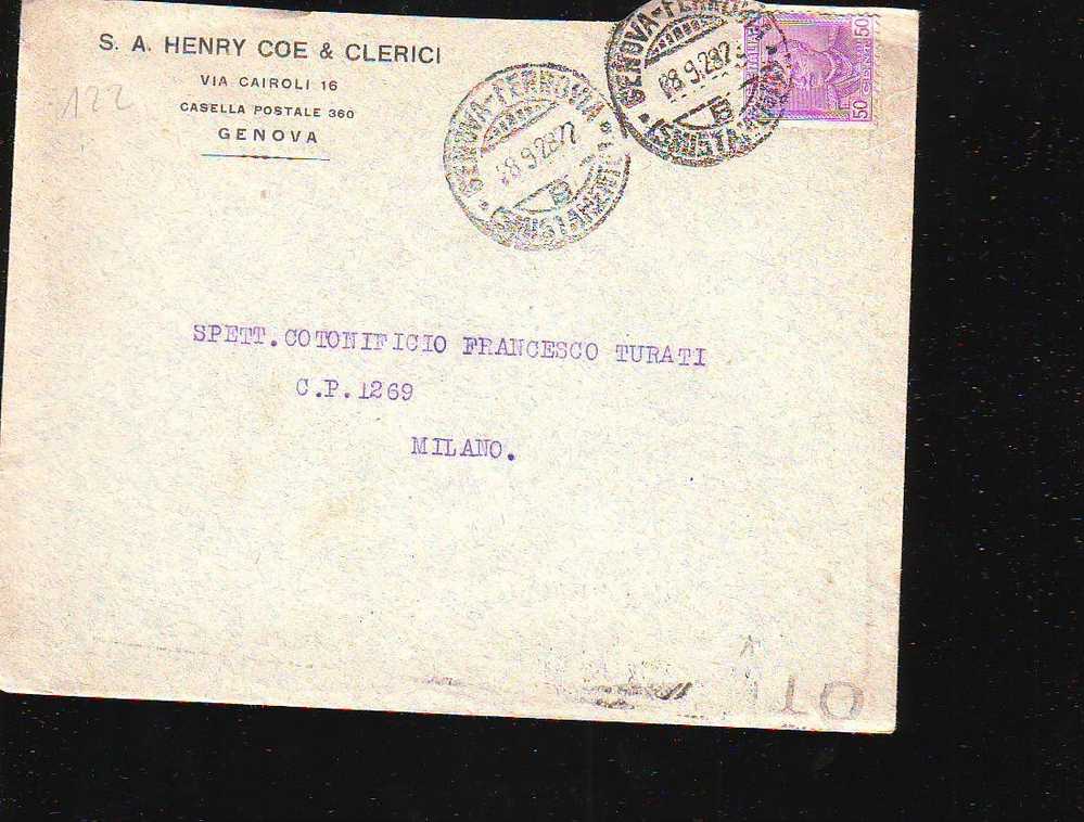 D122 Italia Cover Effige VE III 50c Genova 1928 - Retro Marcofilia Torino 1928 Esposizioni Aprile Ottobre - Assurés