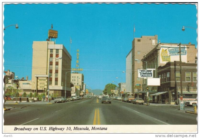 Broadway Street, Missoula MT, US Highway 10, US Auto, Montana Power, Business Signs On C1970s Vintage Postcard - Missoula