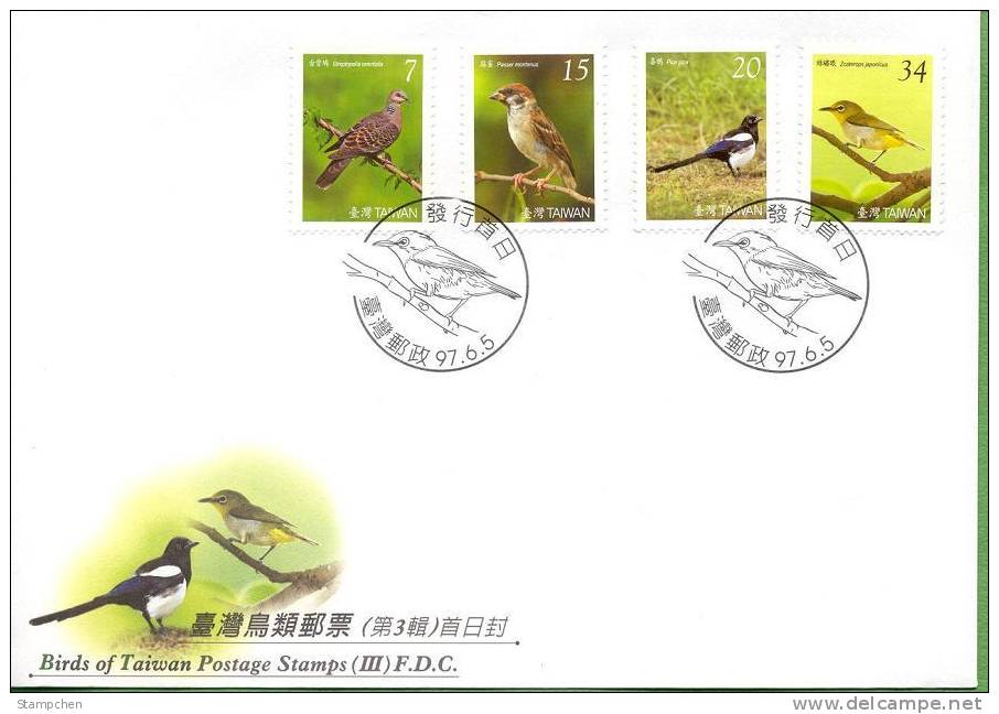 FDC 2008 Taiwan Birds Series Stamps (III) Bird Resident Sparrow Magpie Fauna - Passeri