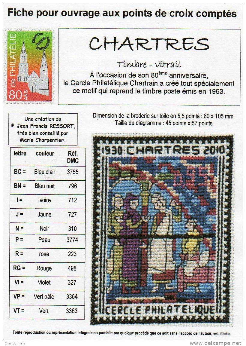 Fiche Points Comptés Timbre N° 1399 Vitrail De Chartres (inédit) Port Compris - Cross Stitch