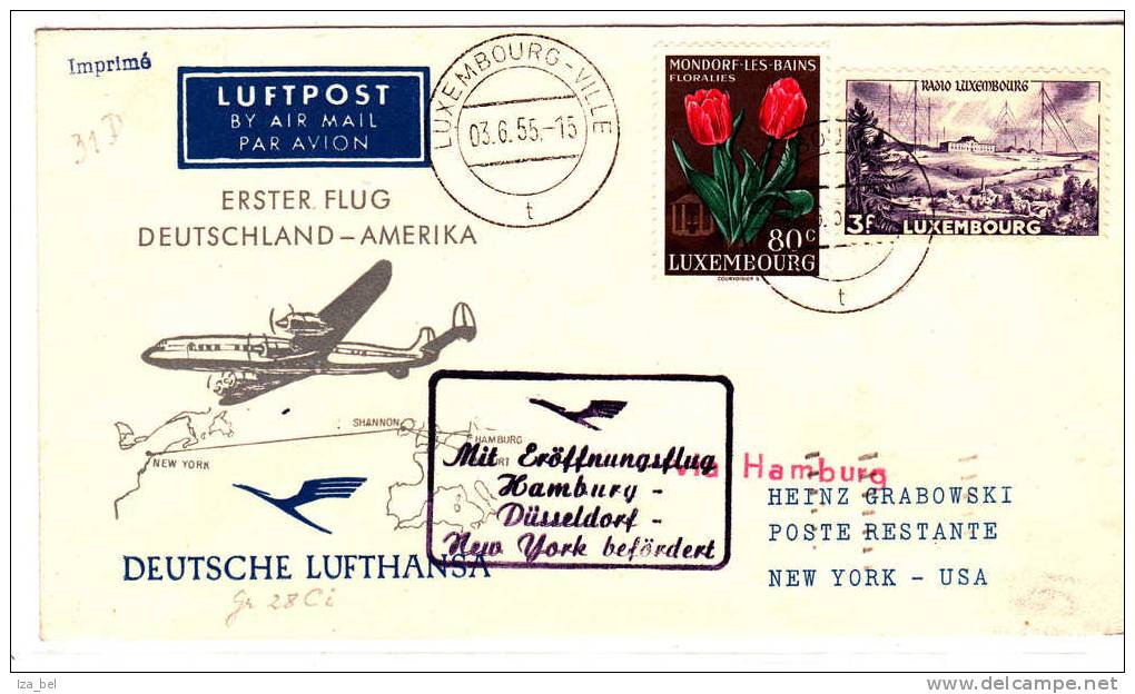 1er VOLS N°490-495 Luxembourg-VILLE 3.6.55 S:l;&ER Vol Lufthansa HAMBURG-NEW YORK(Prifix D4). TB - Lettres & Documents