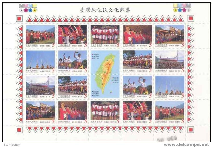 1999 Taiwan Aboriginal Culture Stamps Sheet Hunting Dance Costume Music Map Dwarf - Baile
