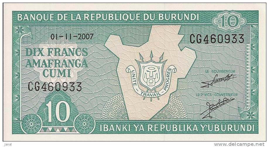 - BURUNDI  -  2 BILLETS - NEUFS - DIX FRANCS AMAFRANGA CUMI - 10 - CG 460934 - CG 460933 - - Burundi