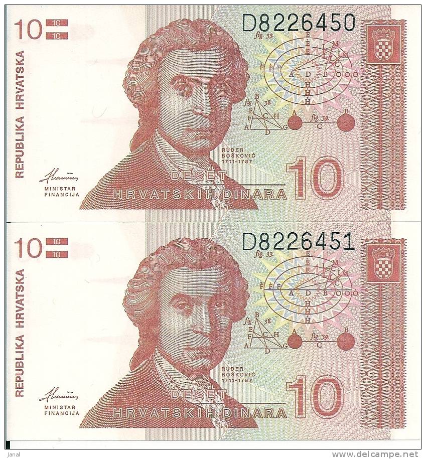 - CROATIE  - 2 BILLETS - 10 DINARA - N° D8226451 - D8226451 - - Croatia