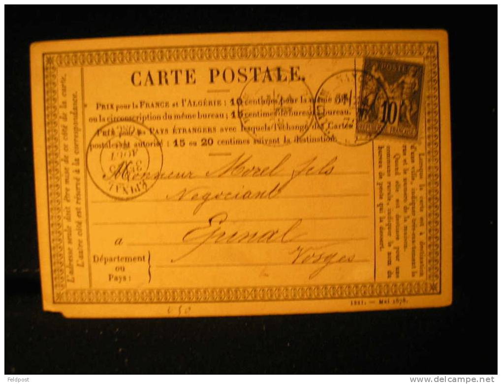 Carte Précurseur  De NANCY - Tomblaine Pour EPINAL 1878 - 10 Cts Sage - Precursor Cards