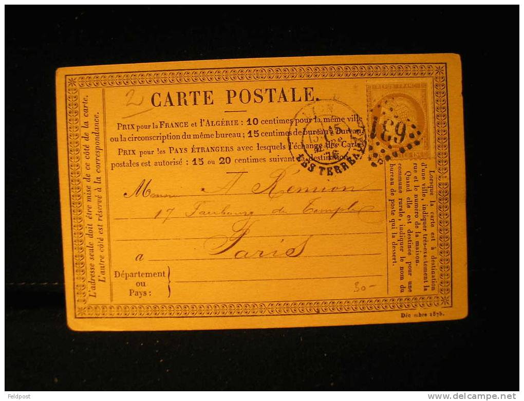 Carte Précurseur  De LYON Pour PARIS 1876 - Precursor Cards