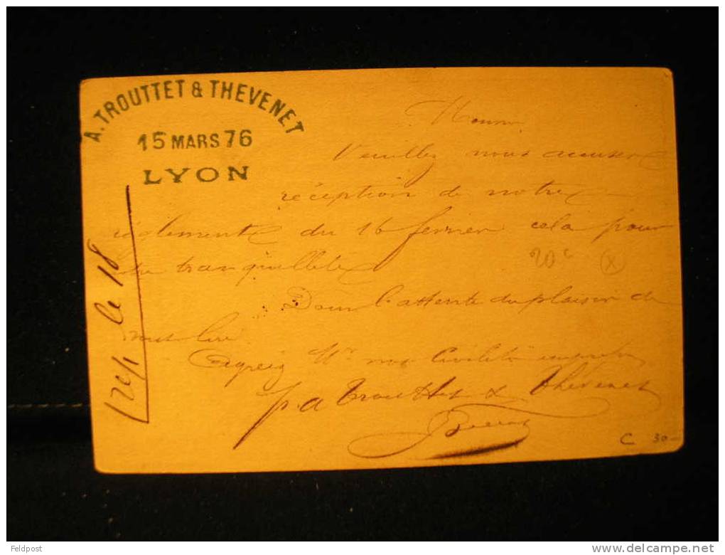 Carte Précurseur  De LYON Pour PARIS 1876 - Precursor Cards