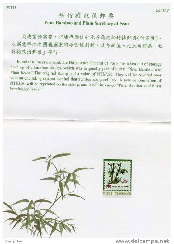 Folder Taiwan 2000 Bamboo Overprinted Stamp Flora - Ungebraucht