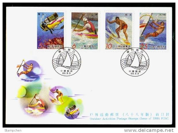 FDC 1999 Outdoor Activities Stamps Surfing Diving Rafting Windsurfing Coral Sail Sport - Plongée