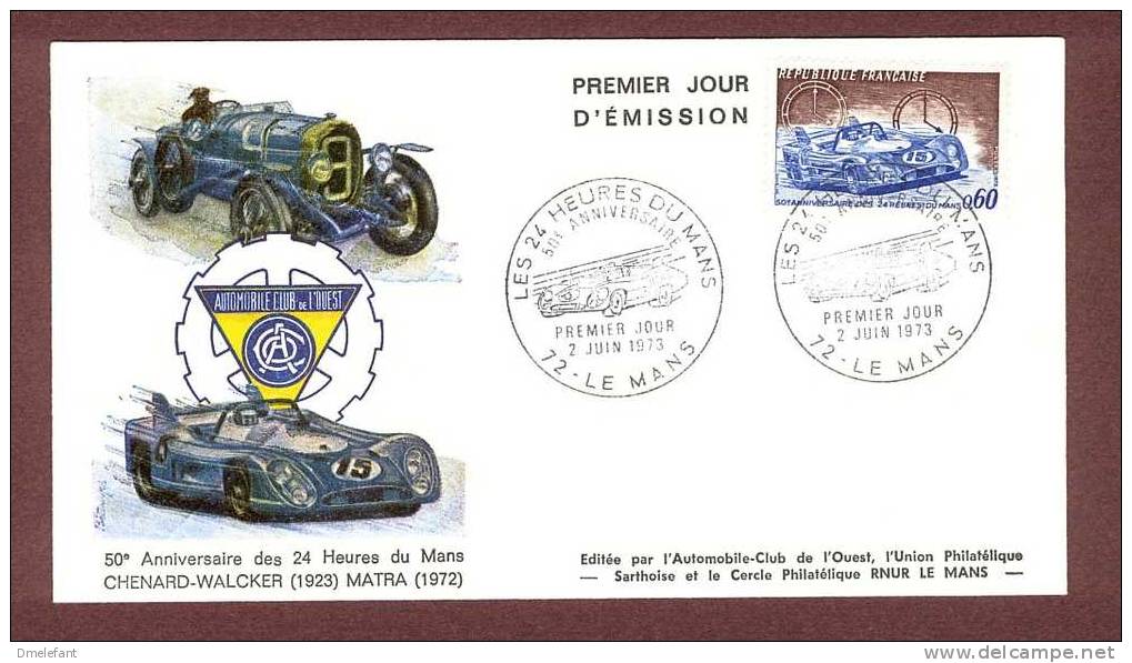 232 - FDC - Les 24 Heures Du Mans - 50ème Anniversaire - Le Mans - 2 Juin 1973 - Y&T N° 1761 - France - 1970-1979