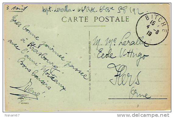 211 - BITCHE -  Cachet Provisoire Sans Le Nom Du Département -  Août 1919 - Moselle - - Lettres & Documents