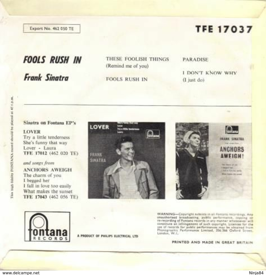 EP 45 RPM (7")  Frank Sinatra  "  Fools Rush In  "  Angleterre - Jazz