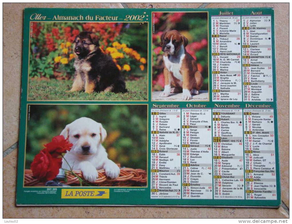 Calendrier ALMANACH Du Facteur PTT - 2002 - Chiens & Chats - OLLER - Nord 59 - Très Bon état - Big : 2001-...