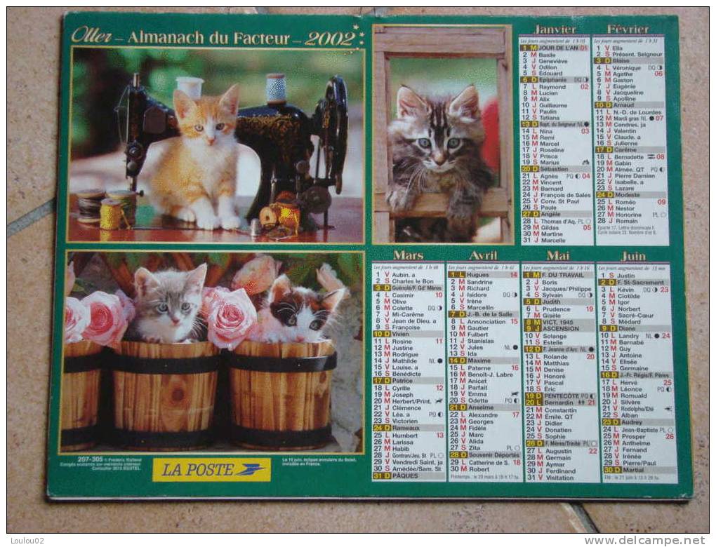 Calendrier ALMANACH Du Facteur PTT - 2002 - Chiens & Chats - OLLER - Nord 59 - Très Bon état - Grossformat : 2001-...