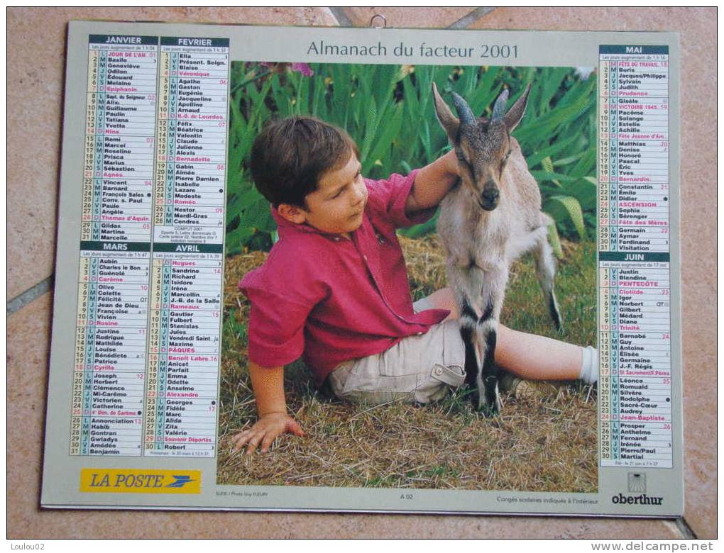 Calendrier ALMANACH Du Facteur PTT - 2001 - Enfants - OBERTHUR - Aisne 02 - Très Bon état - Grossformat : 2001-...