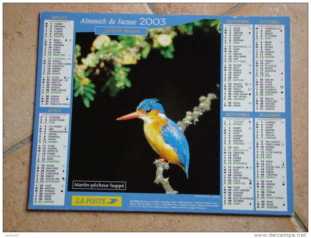 Calendrier ALMANACH Du Facteur PTT - 2003 - Oiseaux - J CARTIER BRESSON - Rhone 69 - Très Bon état - Tamaño Grande : 2001-...