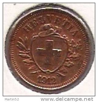 Schweiz Suisse: 1 Rappen / Centime 1912  (Bronze O 16mm, 1.5 G)  Unz-. / Unc.  Originalpatina - 1 Rappen