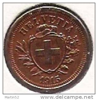 Schweiz Suisse: 1 Rappen / Centime 1915   (Bronze O 16mm, 1.5 G)  Unz / Unc. Originalpatina - 1 Centime / Rappen