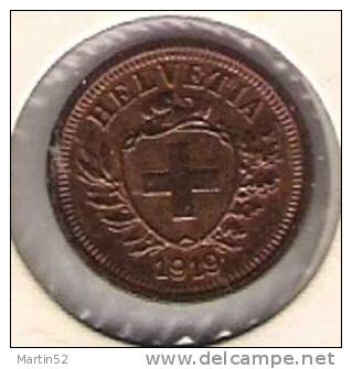 Schweiz Suisse: 1 Rappen / Centime 1919   (Bronze O 16mm, 1.5 G)    Unz / Unc. Originalpatina - 1 Centime / Rappen