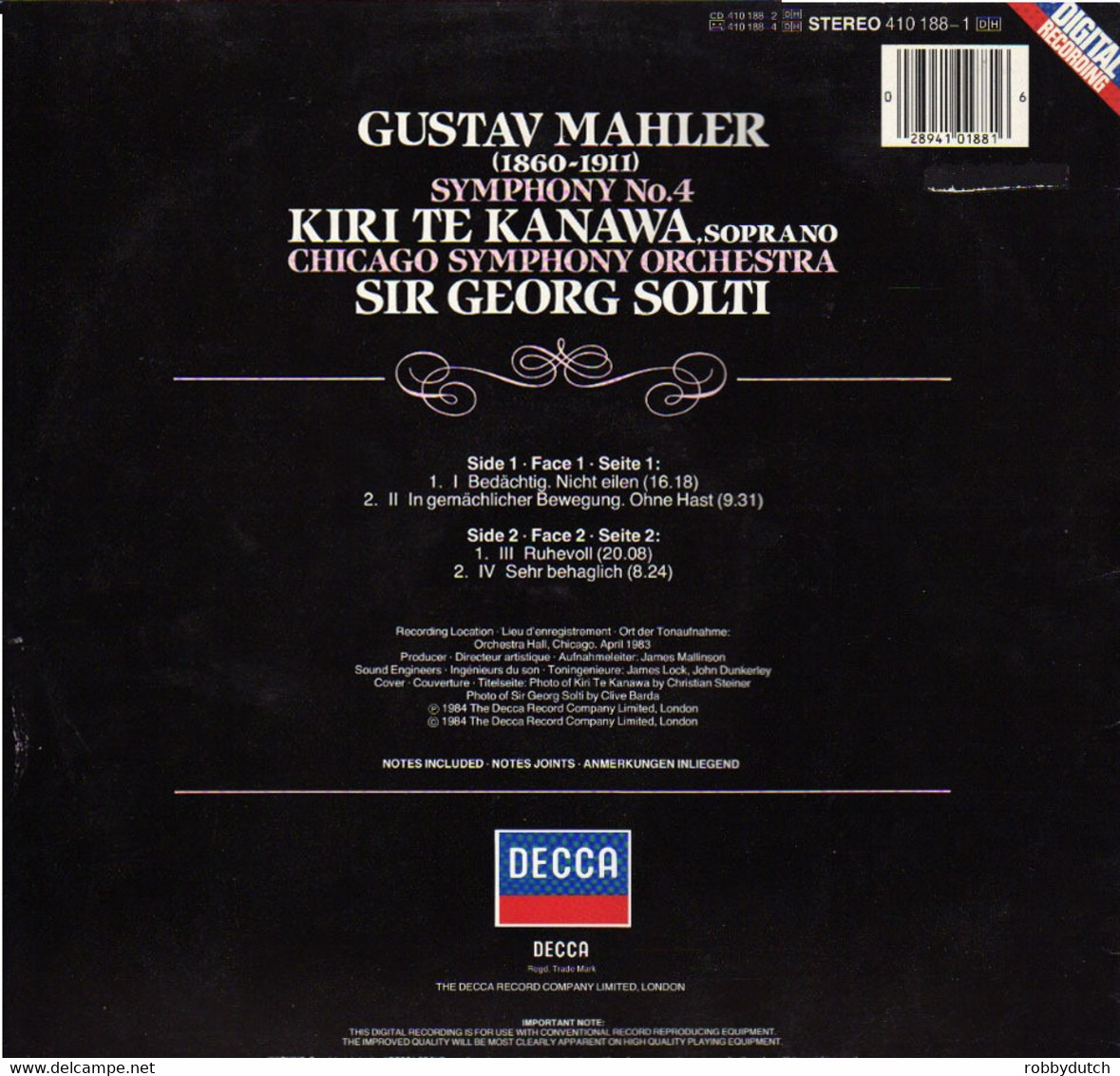 * LP *  MAHLER : SYMPHONY No.4 - KIRI TE KANAWA / CHICAGO SYMPHONY ORCHESTRA / SOLTI (digital  Ex-!!!) - Klassiekers