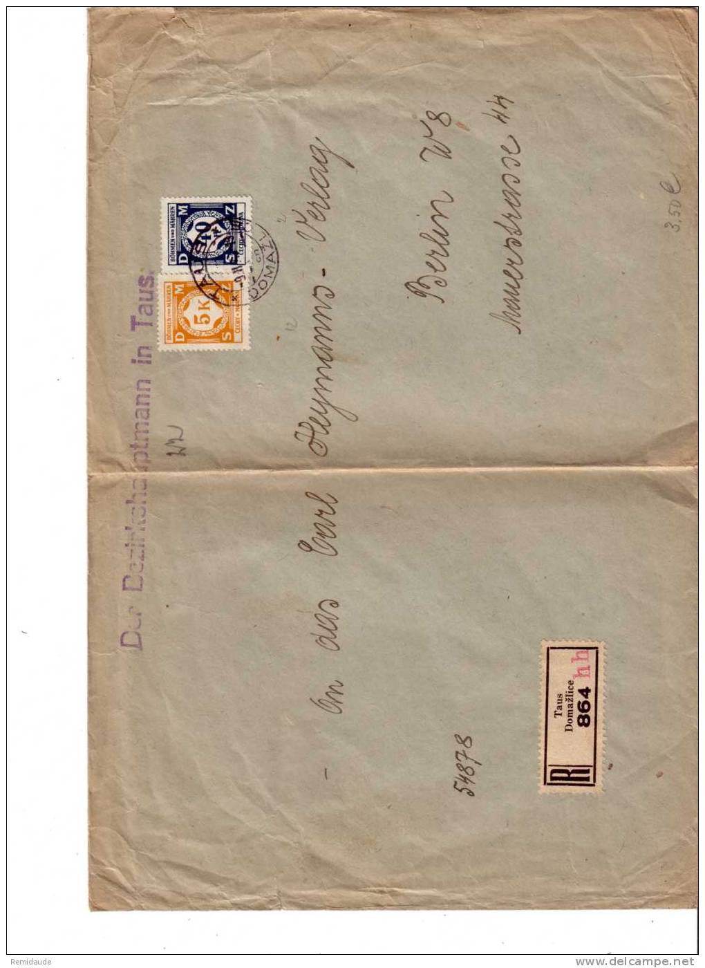 BOHEME Et MORAVIE - LETTRE AVEC TIMBRES DE SERVICE - TAUS  1943 - Lettres & Documents