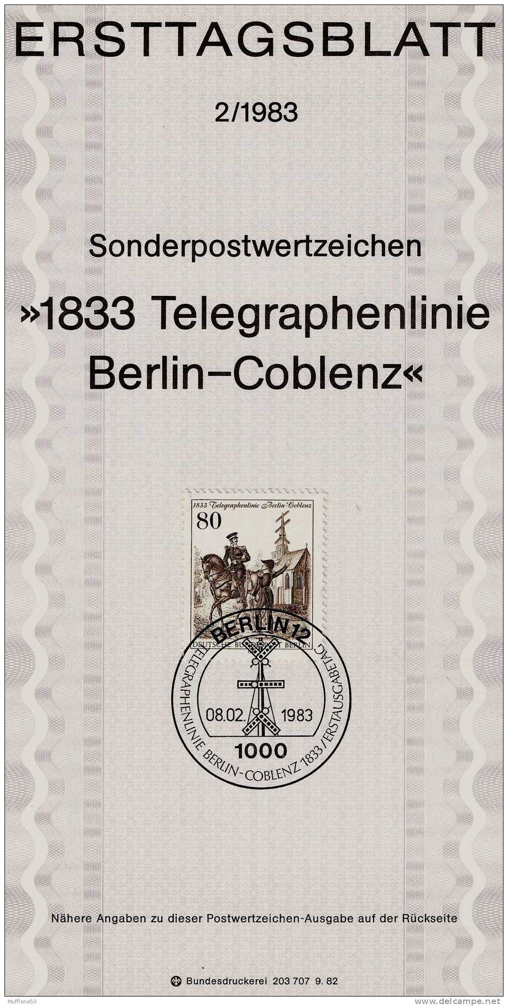 Germania 1983  - R.F.T.. Foglio Con Francobollo Da 80.  150° Anniversario Della 1^ Linea Telegrafica Berlino-Coblenza. - 1st Day – FDC (sheets)