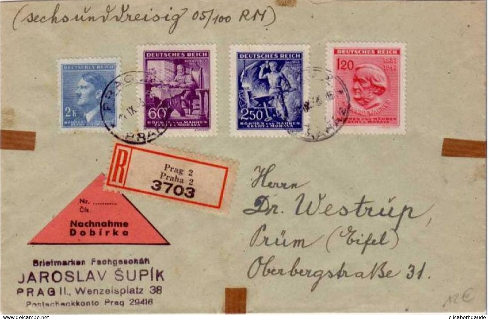 BOHEME MORAVIE - LETTRE RECOMMANDEE CONTRE REMBOURSEMENT - 1943 6 PRAGUE - Lettres & Documents