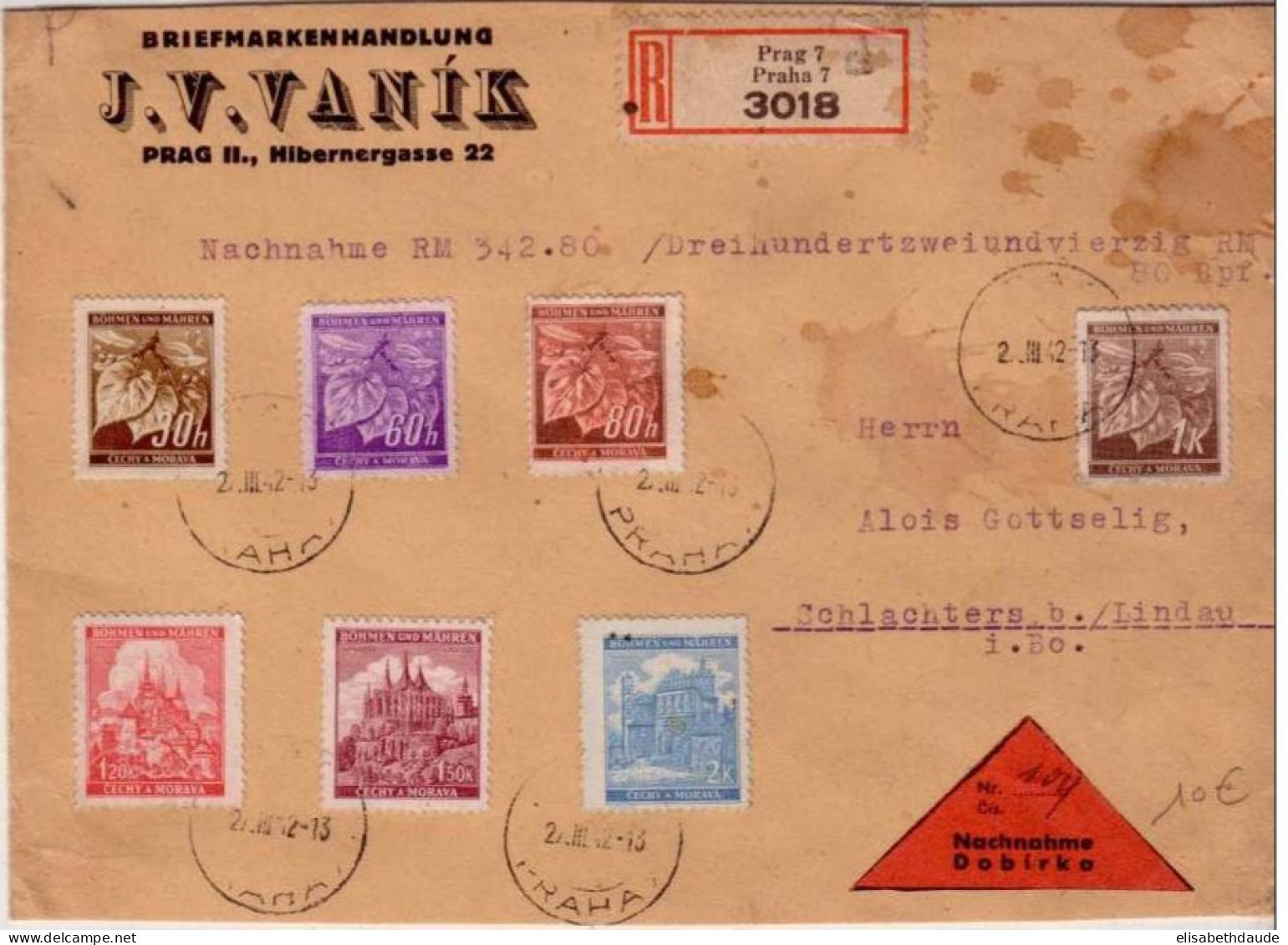 BOHEME MORAVIE - LETTRE RECOMMANDEE CONTRE REMBOURSEMENT - 1942 - PRAGUE - Storia Postale