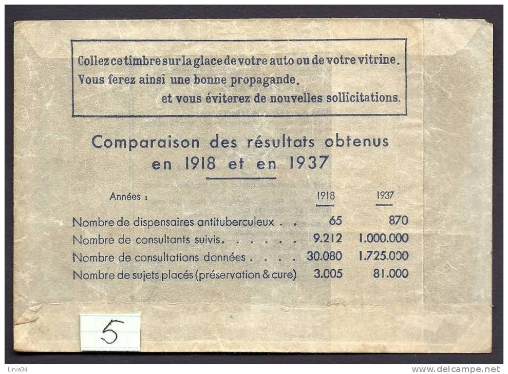 TIMBRE-VIGNETTE ANTITUBERCULEUX  ANCIEN- GRAND FORMAT 15 X 11,5 Cm-  DANS POCHETTE D'ORIGINE- 1937- 5 Fr.- N° 5 - Tuberkulose-Serien