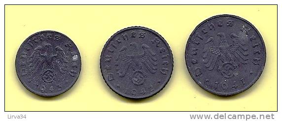 LOT 3 MONNAIES ANCIENNES III REICH- 1 + 5 + 10 PFENNIG ALLIAGE ZING- 1941-1942-1943 - 10 Reichspfennig