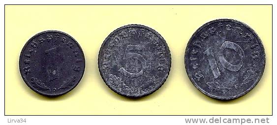 LOT 3 MONNAIES ANCIENNES III REICH- 1 + 5 + 10 PFENNIG ALLIAGE ZING- 1941-1942-1943 - 10 Reichspfennig