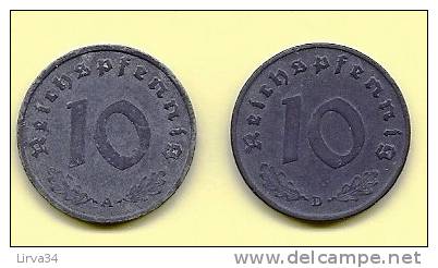 LOT 2 MONNAIES ANCIENNES III REICH- 10 PFENNIG  ALLIAGE ZING- 1940 ET 1941 - 10 Reichspfennig