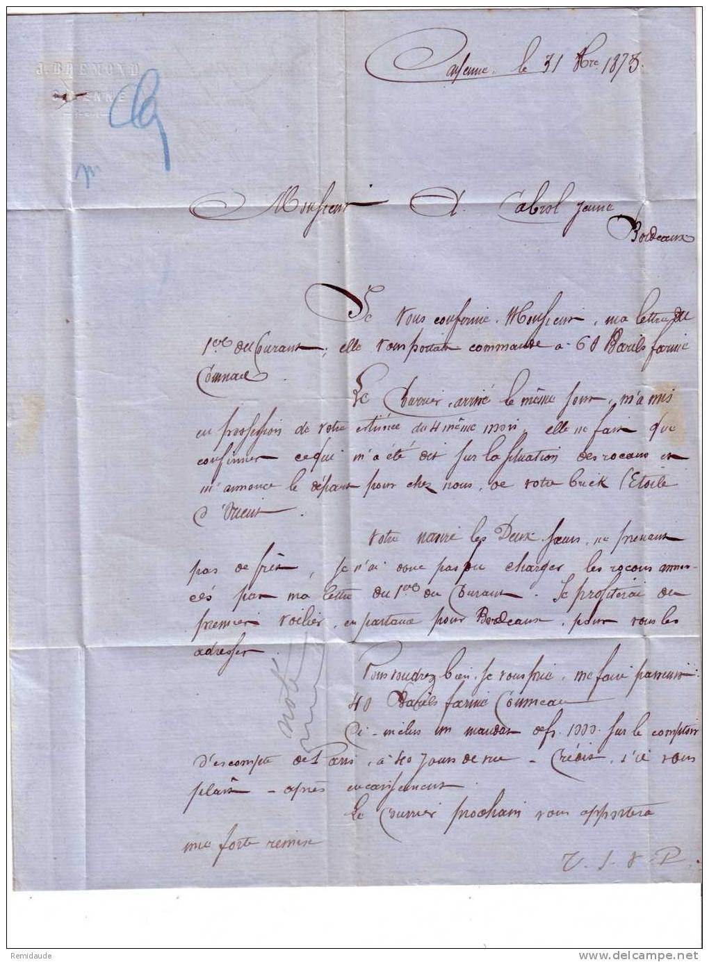 GUYANE - 1873 - LETTRE De CAYENNE => BORDEAUX - TAXE BARREE ! - CACHET MARITIME PAQ FRANCAIS - Poste Maritime