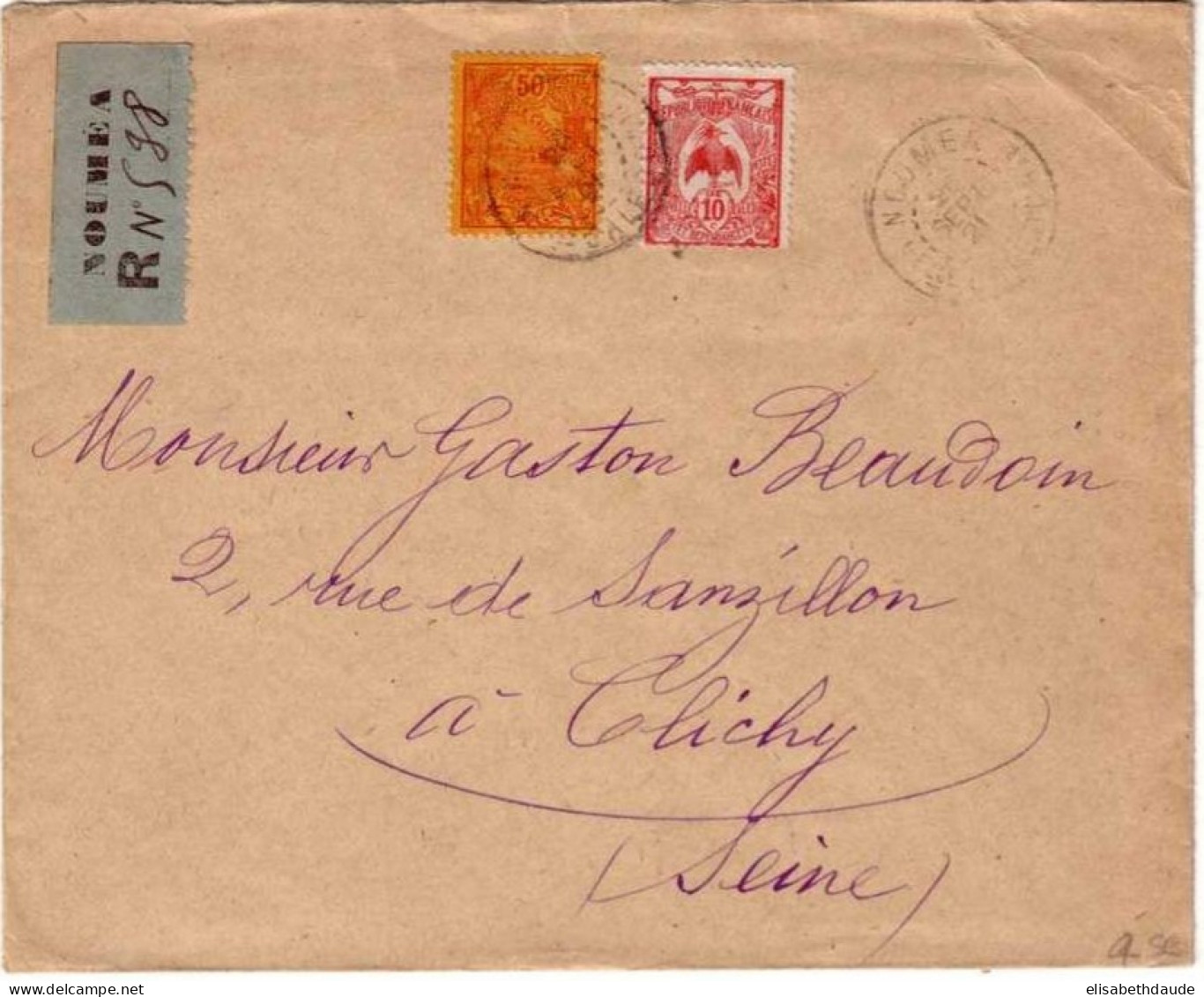 RARE : LETTRE RECOMMANDEE De NOUMEA Pour CLICHY - 1921 - Cartas & Documentos