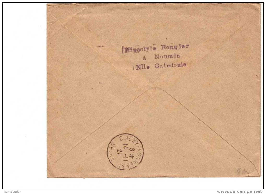 RARE : LETTRE RECOMMANDEE De NOUMEA Pour CLICHY - 1921 - Briefe U. Dokumente