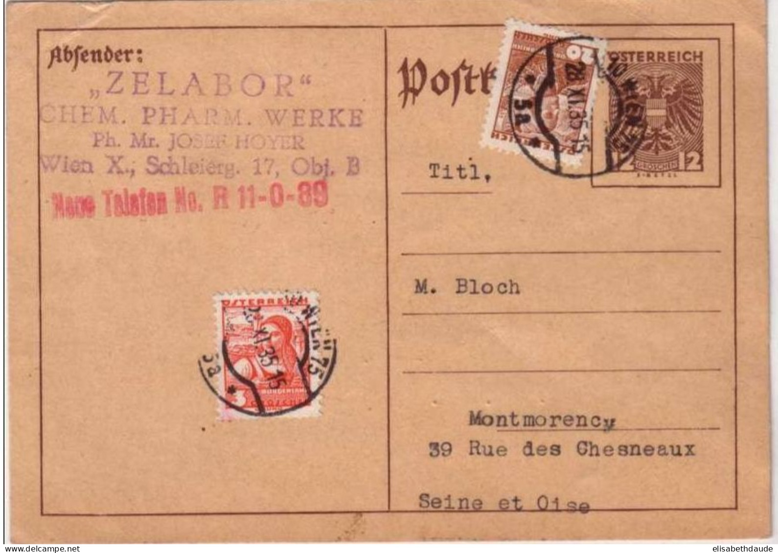 ENTIER POSTAL De WIEN => MONTMORENCY FRANCE - 1935 - Postkarten