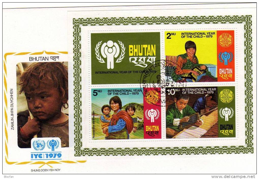 UNO Jahr Des Kindes 1979 Kinder In Familie Bhutan 728/0+Block 83 FDC 16€ Mutter Mit Kleinkind Schulkinder Bloc Bf UNESCO - Bhoutan