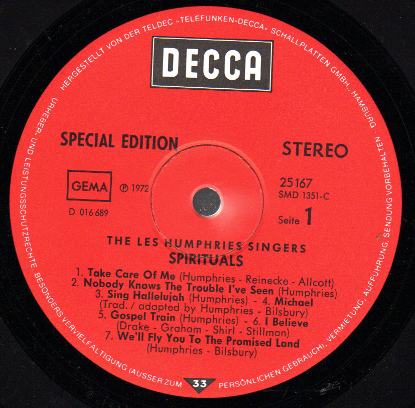 * LP *  LES HUMPHIES SINGERS - SPIRITUALS (Germany 1972) - Religion & Gospel