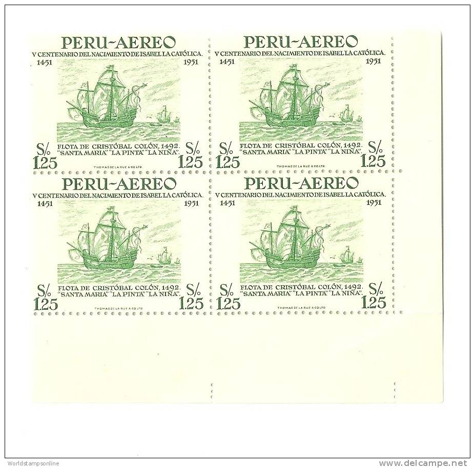 Peru, 4 Stamps In Block, Year 1953, SG 793, 500th Birth Isabella The Catholic, MNH/PF - Peru