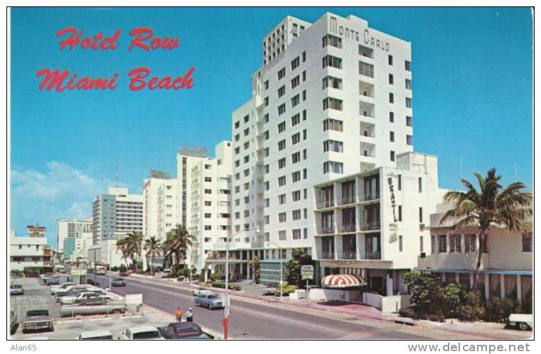 Hotel Row, Miami Beach FL, Art Deco Architecture, Autos, On C1960s/70s Vintage Postcard - Miami Beach