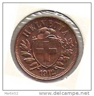 Schweiz Suisse: 2 Rappen / Cents  1912  (Bronze O 20mm, 3g)  -unz / -unc.   Originalpatina - 2 Rappen