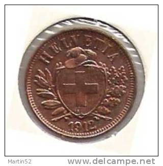 Schweiz Suisse: 2 Rappen / Cents  1912  (Bronze O 20mm, 3g)  -unz / -unc.   Originalpatina - 2 Centimes / Rappen