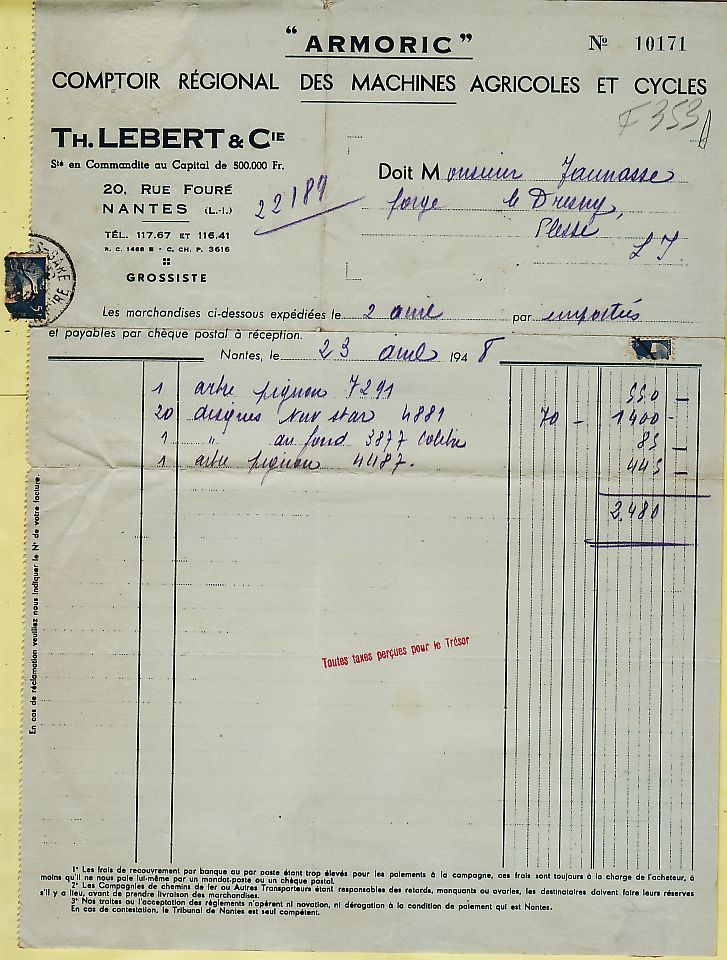 ARMORIC MACHINES AGRICOLES CYCLES LEBERT Nantes LOIRE ATLANTIQUE Lettre Facture 23.04.1948 à JAUNASSE Forge Dresny - Agriculture