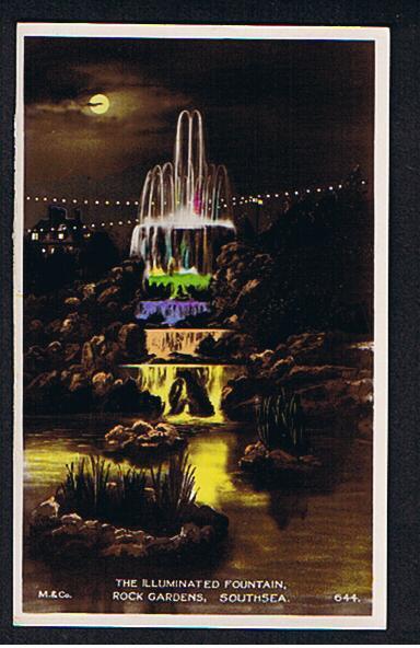 RB 589 - Real Photo Coloured Postcard - The Illuminated Fountain - Rock Gardens Southsea Portsmouth Hampshire - Portsmouth