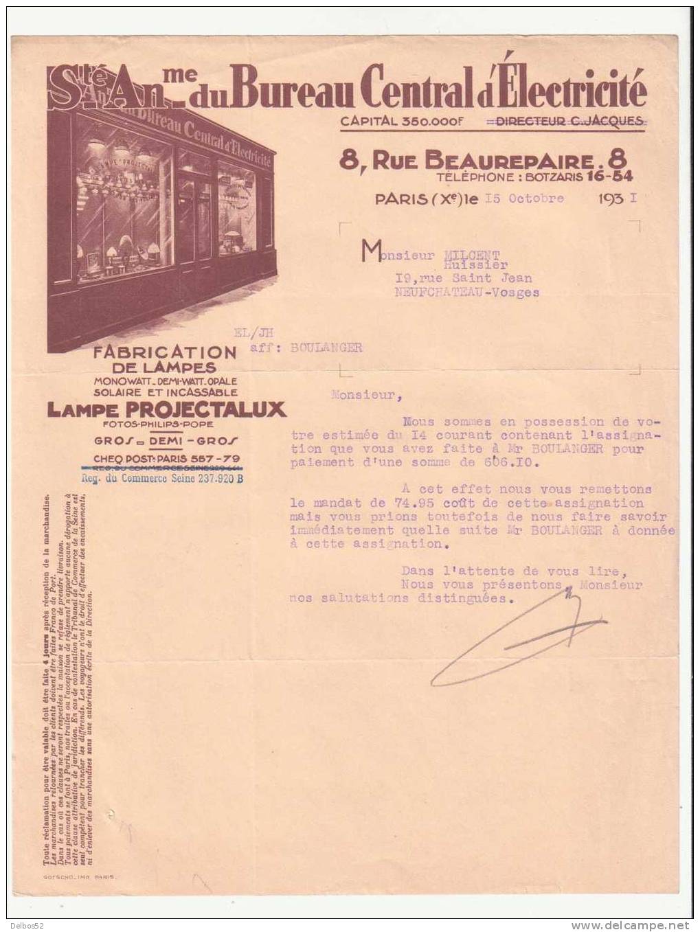 Société Anonyme Du Bureau Central D'Electricité - Paris - X° - Electricité & Gaz