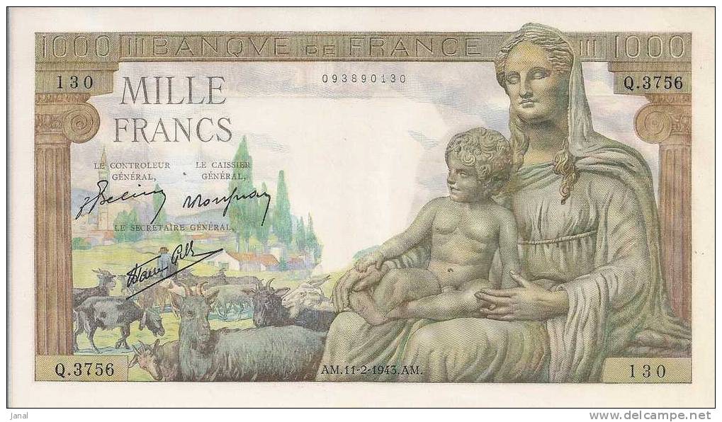 -  FRANCE - BILLETS - 1000 F - DEESSE DEMETER - N° 130 - Q 3756 - AM - 11 - 2 - 1943 - AM - NEUF MAIS LIRE LA SUITE --- - 1 000 F 1942-1943 ''Déesse Déméter''