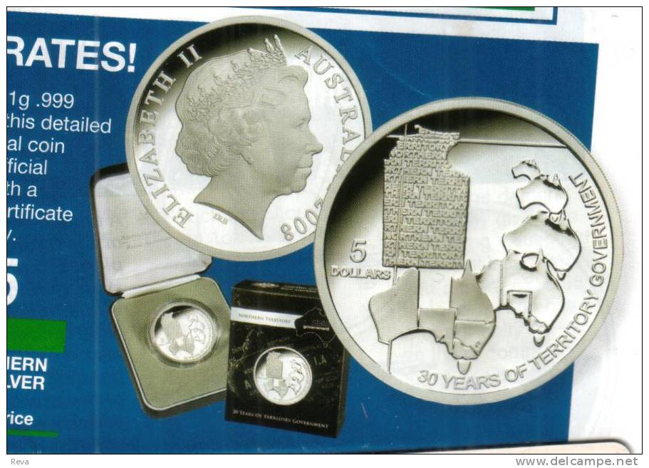 AUSTRALIA $5 30 YEARS OF NORTHERN TERRITORY  1 YEAR TYPE PROOF SILVER  NOT RELEASED  2008 READ DESCRIPTION CAREFULLY !!! - Ongebruikte Sets & Proefsets