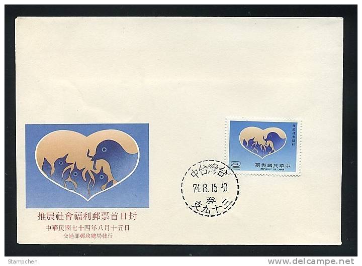 FDC Taiwan 1985 Social Welfare Stamp Bird Love Heart Mother - FDC