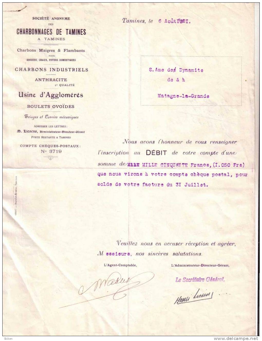 TAMINES   CHARBONNAGE DE TAMINES Charbons Maigres & Flambants ... 6.08.1921 - Autres & Non Classés